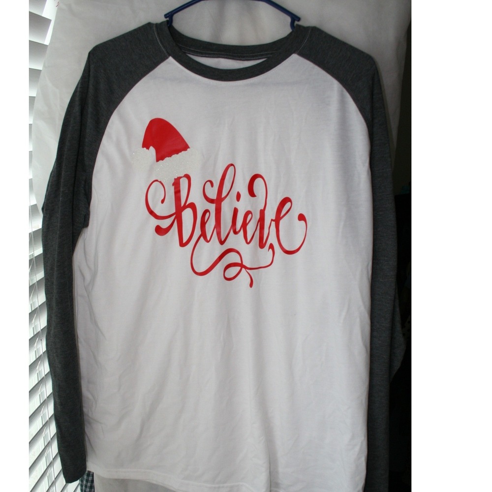 Athletic Works Womens Believe Christmas Raglan Baseball Tee Gray White Large